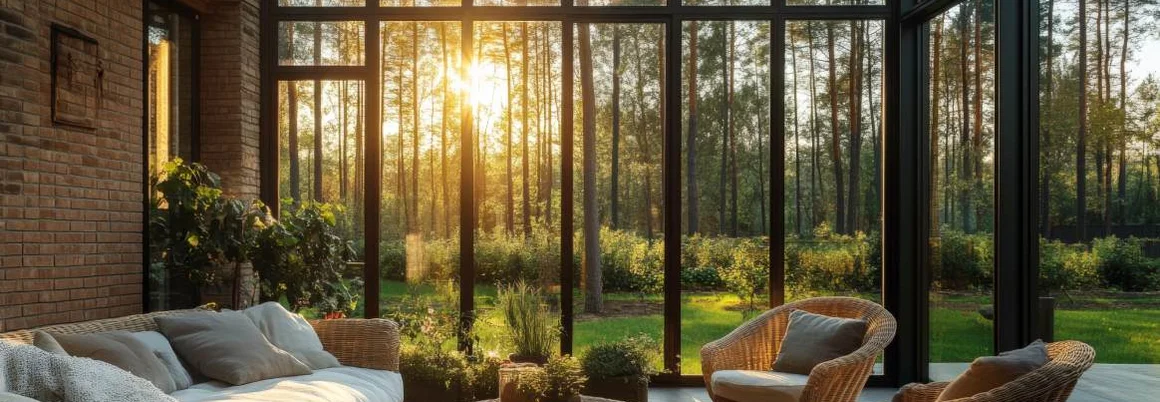 Eleganter Wintergarten mit Verglasung in einem Backsteingebäude